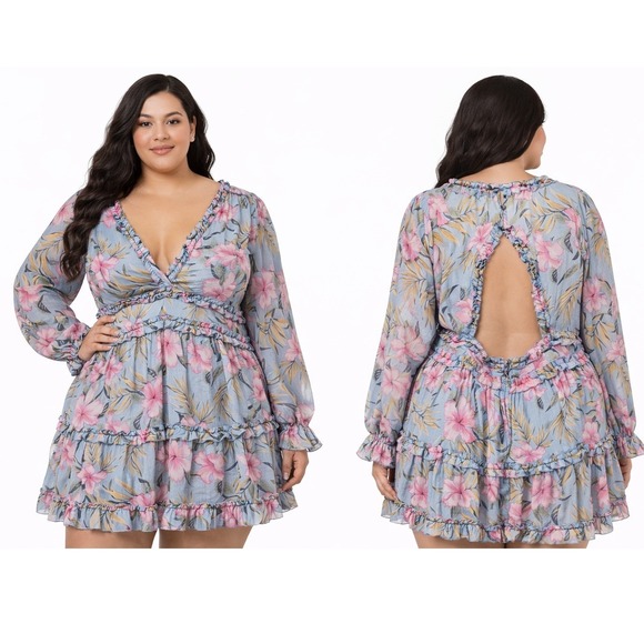 Fashion Nova Dresses & Skirts - Mini Dress Fashion Nova Curve Tropical Floral Open Back Ruffle Blue Pink 1XL